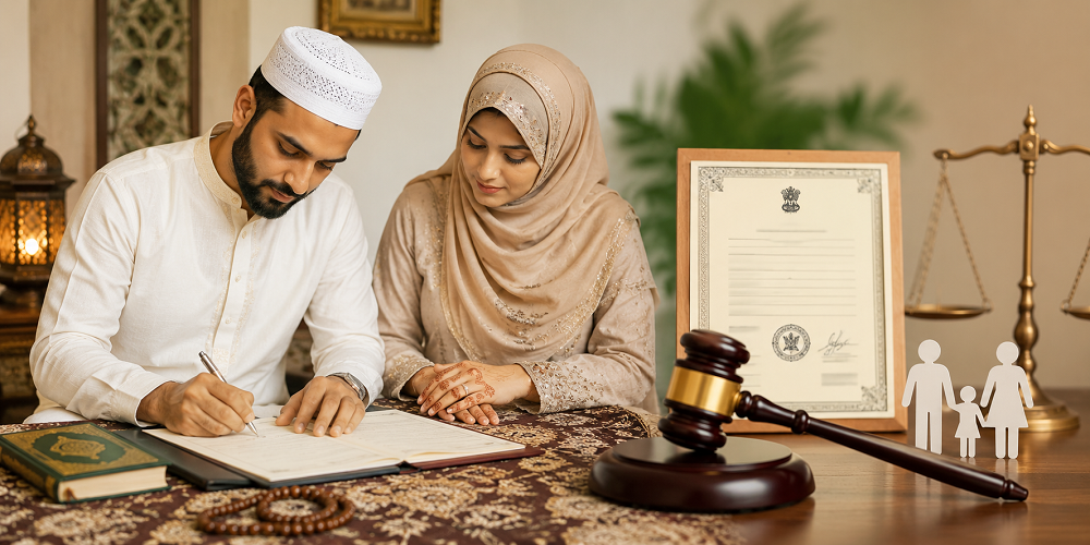 Muslim couple signing marriage documents with Nikahnama, official marriage certificate, and legal symbols representing marriage registration in India. 
